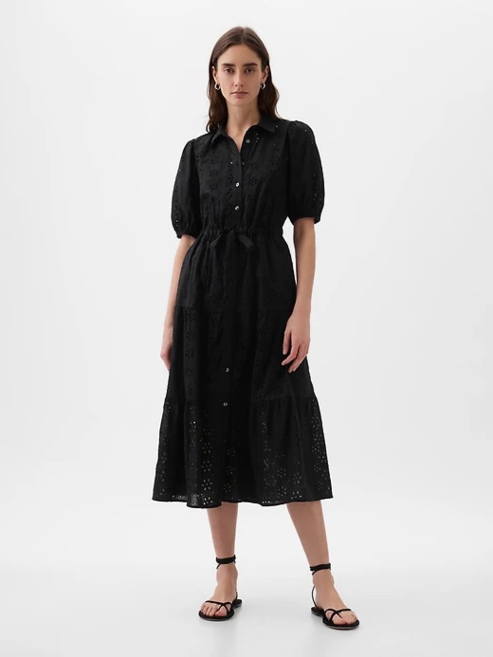 Gap Black Eyelet Tired Button-Front Midi Dress Size MP